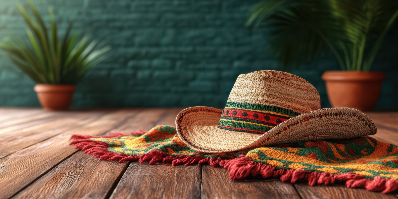 Colorful sombrero resting on a vibrant blanket in a rustic indoor setting with green plants